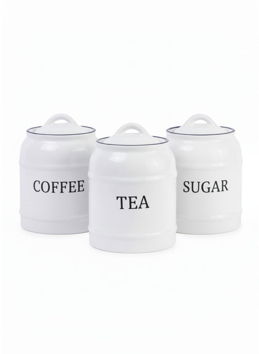 Ceramic Coffee, Tea & Sugar Canister Set with Lids – Vintage White Kitchen Jars