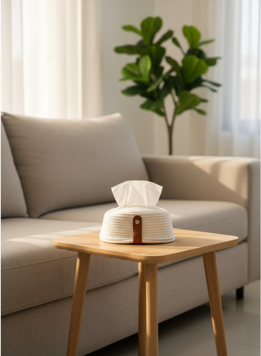 Woven Rope Tissue Box Cover, Chic Leather Detail, Modern Home Decor for Family