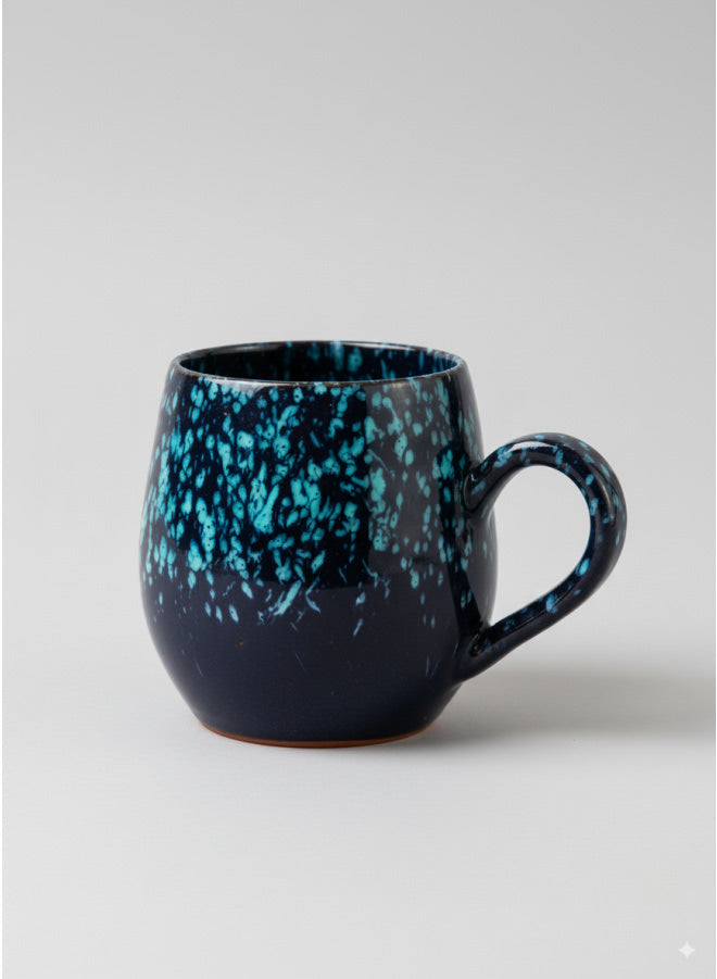 Handcrafted Pottery Mug – Teal & Black Speckled Glaze with Rounded Comfort Handle