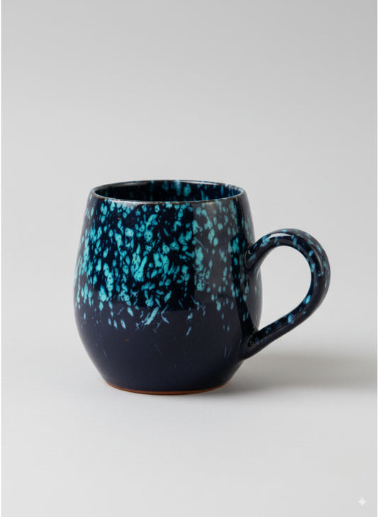 Handcrafted Pottery Mug – Teal & Black Speckled Glaze with Rounded Comfort Handle