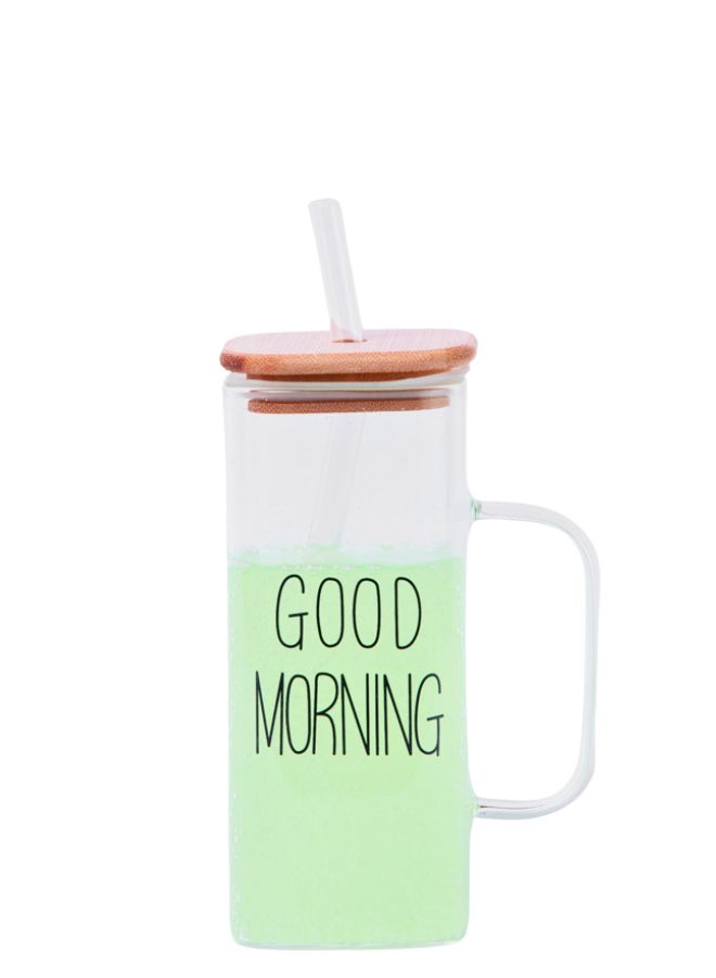 Good Morning Bamboo Lid Glass Mug 450ml with Straw