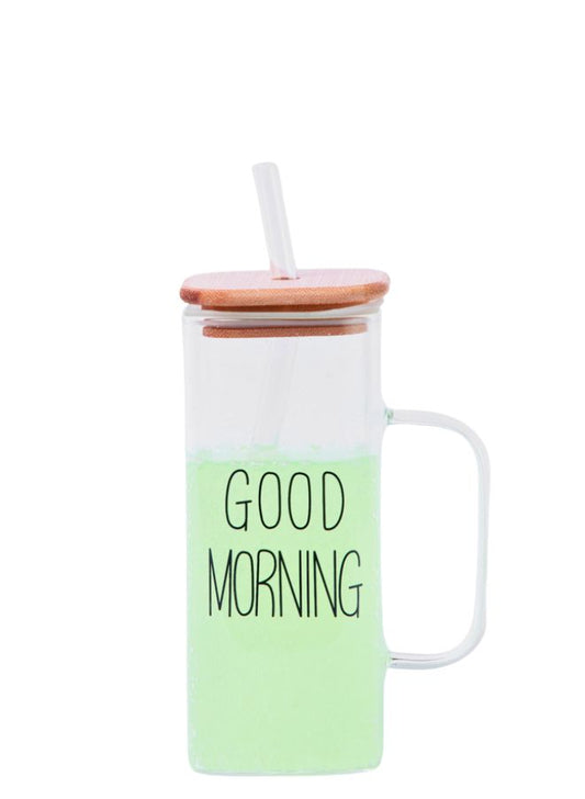 Good Morning Bamboo Lid Glass Mug 450ml with Straw