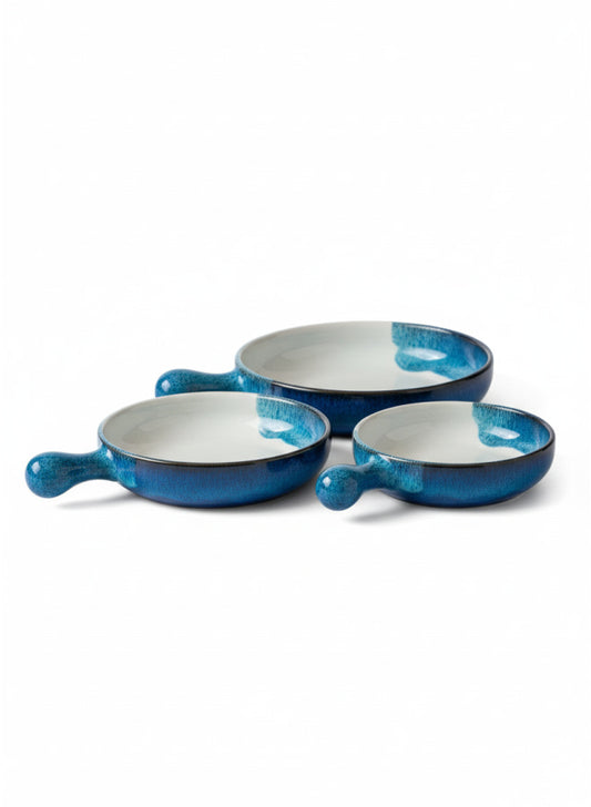 Set of 3 Ceramic Serving Pans with Handles – Ocean Blue Reactive, Shallow Bowls