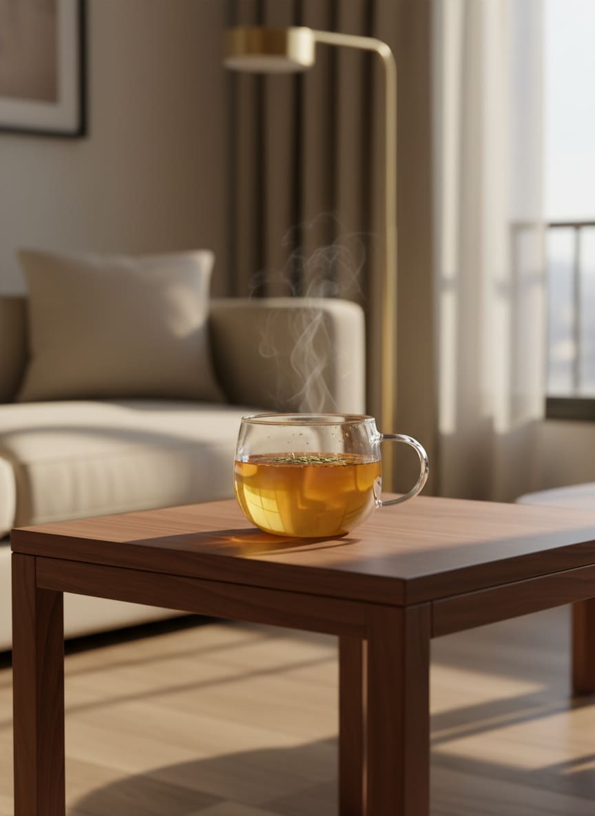 Elegant and clear borosilicate glass mug with a minimalist 'Good Morning' design.