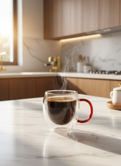 Enjoying a hot cup of Turkish coffee in a clear double-wall glass mug, perfect for a Cairo morning.