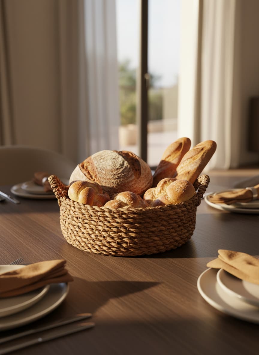 Round Handwoven Halfa Serving Basket with Handles