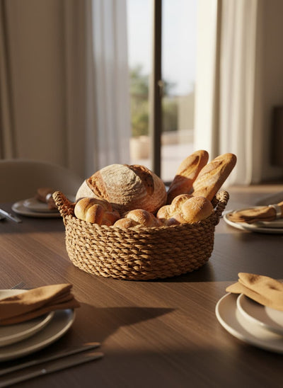 Round Handwoven Halfa Serving Basket with Handles