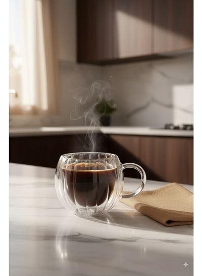 Enjoying a hot cup of Egyptian coffee in a stylish heat-resistant double-wall glass mug.