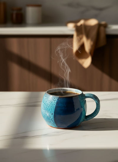 Comfortable rounded blue pottery mug, perfect for enjoying morning coffee or tea in Egypt.