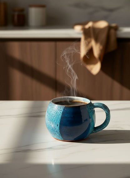 Comfortable rounded blue pottery mug, perfect for enjoying morning coffee or tea in Egypt.