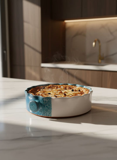 Elegant oven-to-table baking dish perfect for serving family meals like Um Ali or pasta bake in Egypt.