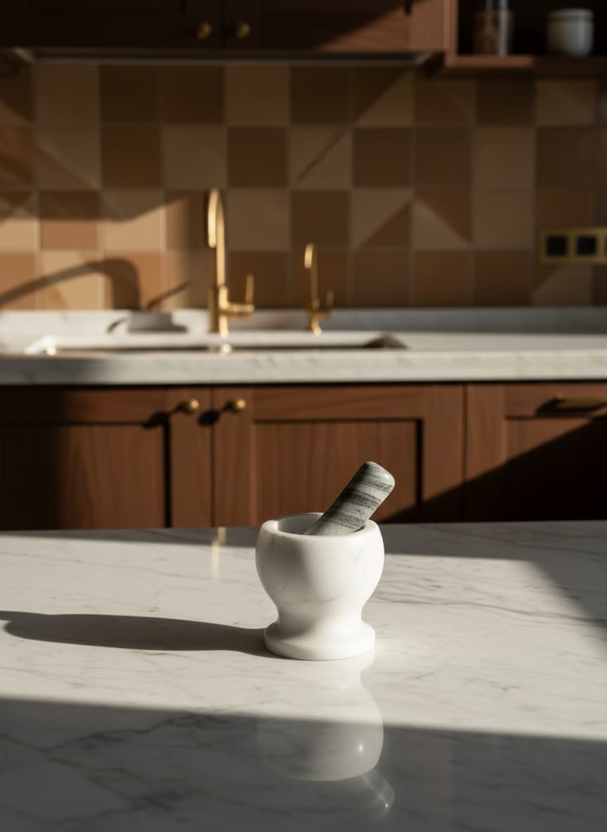 Elegant white and grey marble mortar and pestle set, a beautiful addition to any modern Egyptian kitchen.