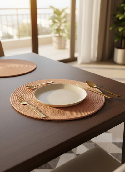 A stylish camel-colored cotton placemat set for a family dinner or Ramadan Iftar table in Egypt.