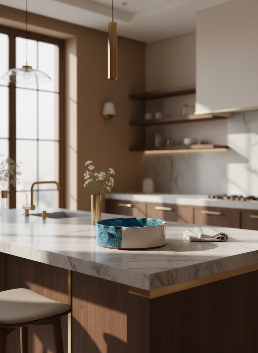 Artisan-crafted pottery bakeware featuring a unique two-tone design with a deep blue speckled glaze.