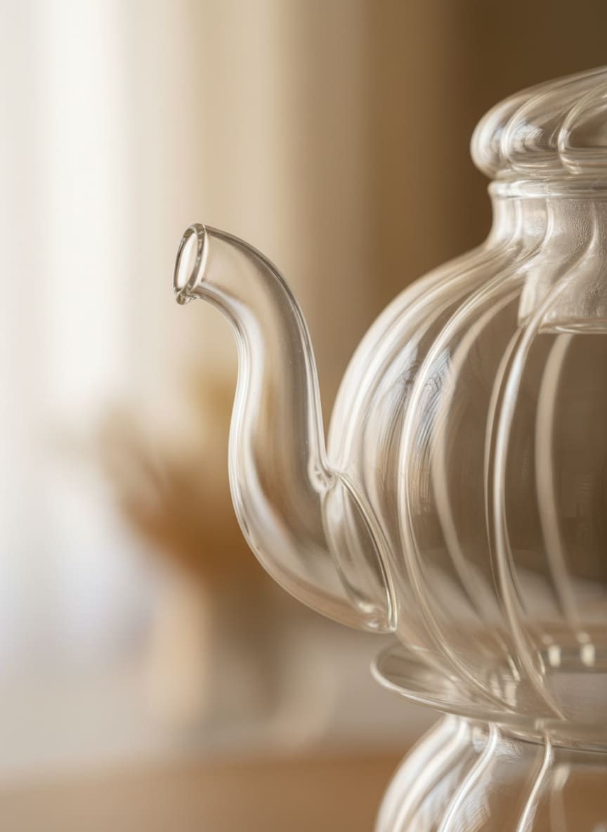 Close-up of the durable, heat-resistant borosilicate glass and smooth, drip-free spout of the CasaHome teapot.