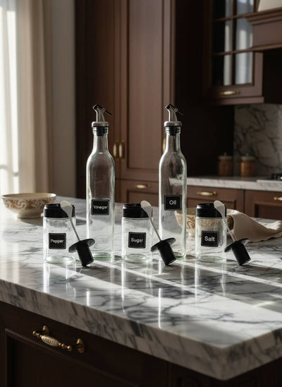 Sleek and modern 5-piece glass cruet set with minimalist black labels, adding a touch of class to any dining table.