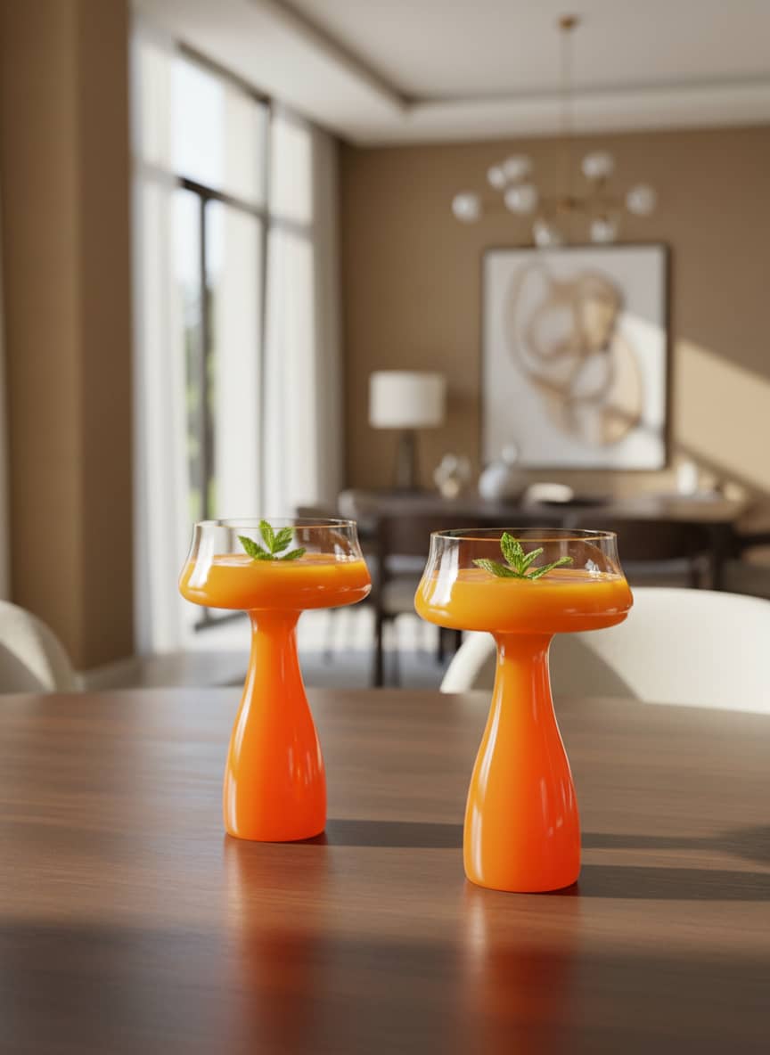 Stylish orange stem goblet perfect for serving Egyptian juices or desserts at a family gathering.