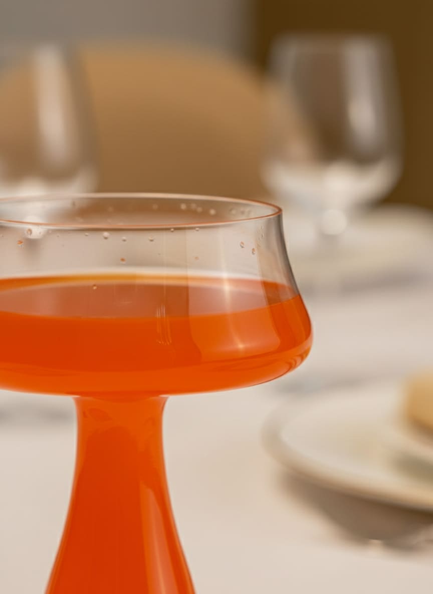Close-up of the smooth, heat-resistant borosilicate glass and vibrant orange stem of the modern goblet.