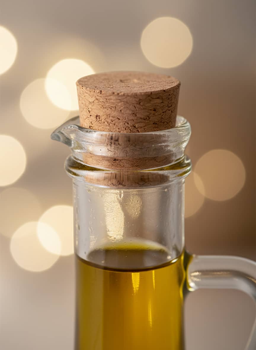 Close-up of the drip-free spout and secure cork stopper on the transparent glass oil cruet, showing its quality craftsmanship.