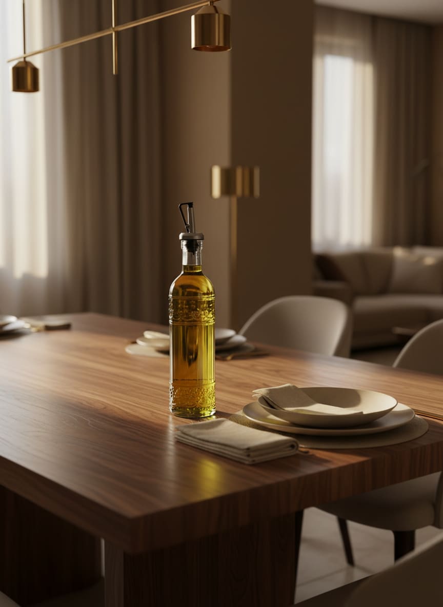 Premium borosilicate glass oil cruet featuring intricate floral carvings for a sophisticated kitchen.