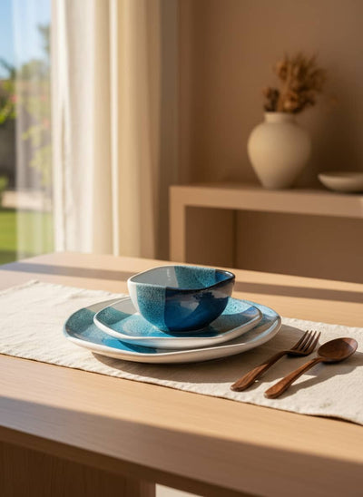 Modern square dinnerware set perfect for serving a Mediterranean meal in an Egyptian home.