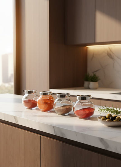 Organize your Egyptian kitchen spices like cumin and paprika with this stylish 4-piece airtight glass jar set.
