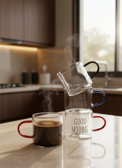 Enjoying a morning coffee in a stylish Good Morning glass mug in a modern Egyptian home.