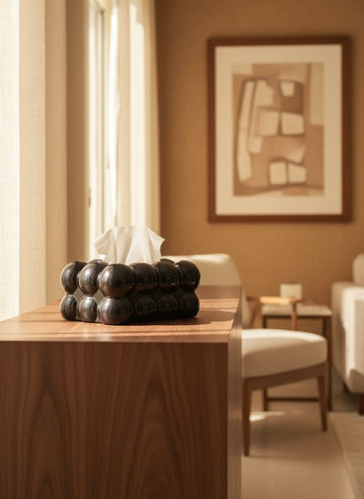 A stylish black bubble tissue box adding a touch of modern decor to a living room side table in Egypt.