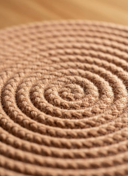 Close-up view of the thick, durable braided cotton weave of a round table placemat.