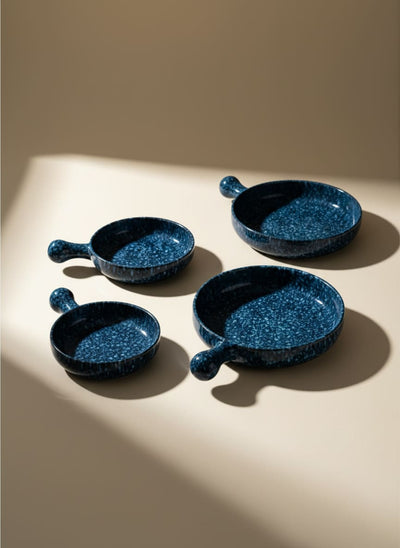 3-Piece Speckled Blue Pottery Serving Set with Handles