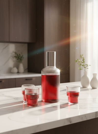 A complete drinkware set perfect for serving karkadeh or fresh juice to guests in Egypt during gatherings.