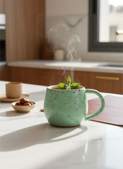 Enjoying a morning cup of Egyptian tea in a stylish mint green speckled mug.