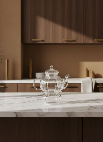 Sophisticated pumpkin-shaped ribbed glass teapot, a timeless centerpiece for elegant home entertaining in Egypt.
