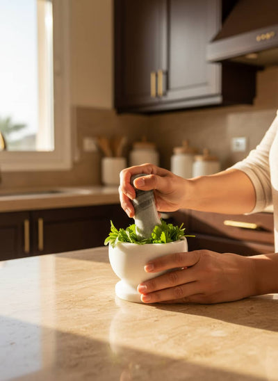 Grinding fresh spices for an authentic Egyptian meal using a natural marble mortar and pestle.