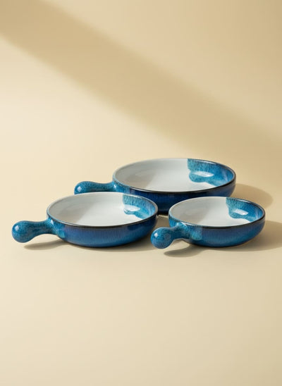 Ocean Blue Pottery Serving Pan Set with Handles (Set of 3)