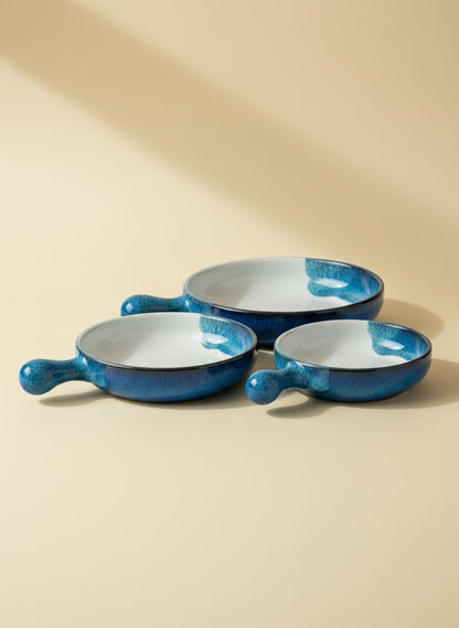 Ocean Blue Pottery Serving Pan Set with Handles (Set of 3)