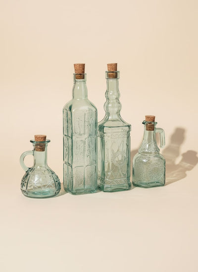 Embossed Glass Bottle Set with Cork Stoppers (4-Piece)