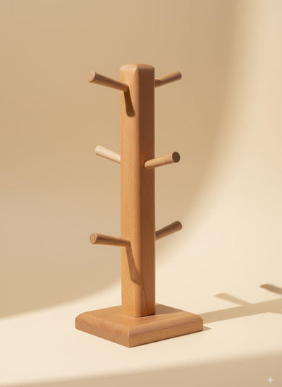 Natural wooden mug tree holder with six pegs on a stable square base.
