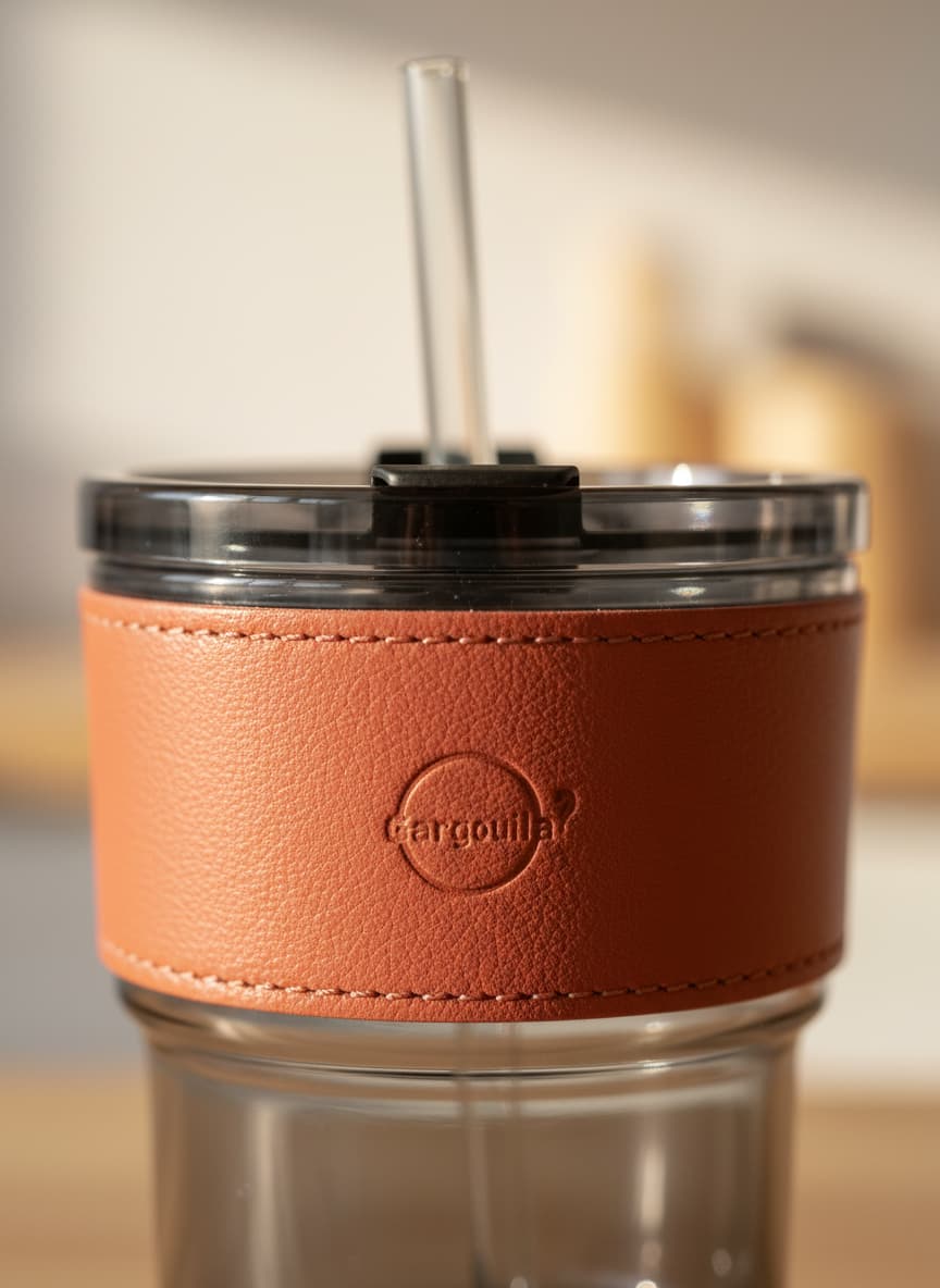 Close-up of the leak-proof flip-up straw mechanism on a clear, durable travel mug lid.