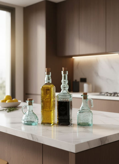 Embossed Glass Bottle Set with Cork Stoppers (4-Piece)