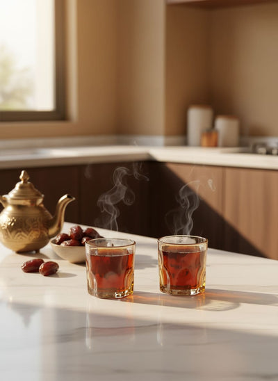 Elegant amber glass cups perfect for serving traditional Egyptian tea to guests in a Cairo home.