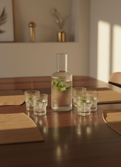 Timeless ribbed glass drinkware set with a carafe, adding a touch of modern sophistication to any dining table.
