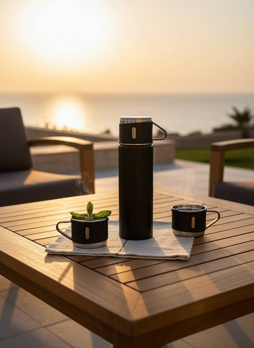 Sleek matte black vacuum flask and cup set with premium stainless steel accents.