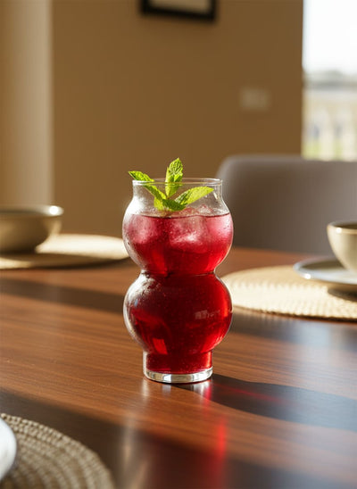 Elegant double-bulb glass tumbler perfect for serving juice or coffee to guests in an Egyptian home.