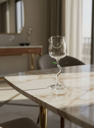 Exquisite hand-blown Pyrex glass cup shaped like a rose, a luxurious addition to any dining collection.