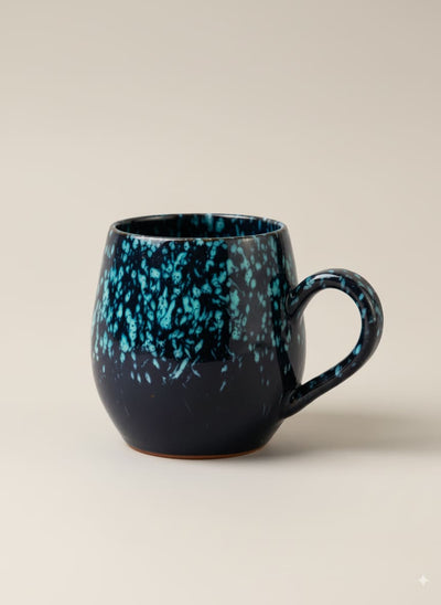 Handcrafted pottery mug with a unique teal and black speckled glaze.