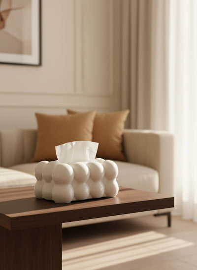 A stylish bubble tissue box adding a playful touch to a living room table in an Egyptian home.