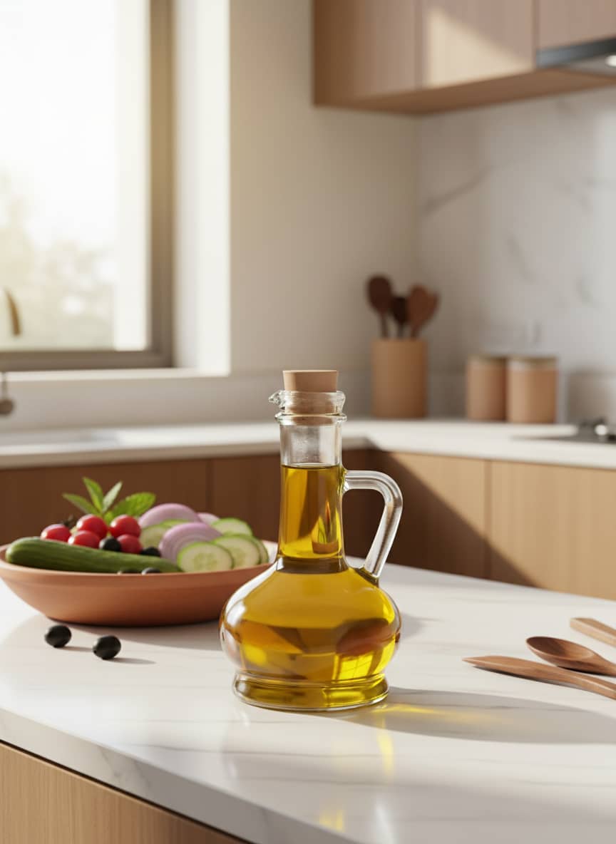 A glass oil dispenser on a dining table, ready for serving salad dressing or drizzling olive oil on Egyptian dishes.