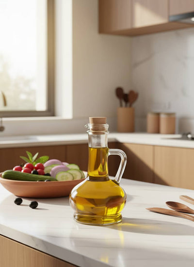 A glass oil dispenser on a dining table, ready for serving salad dressing or drizzling olive oil on Egyptian dishes.