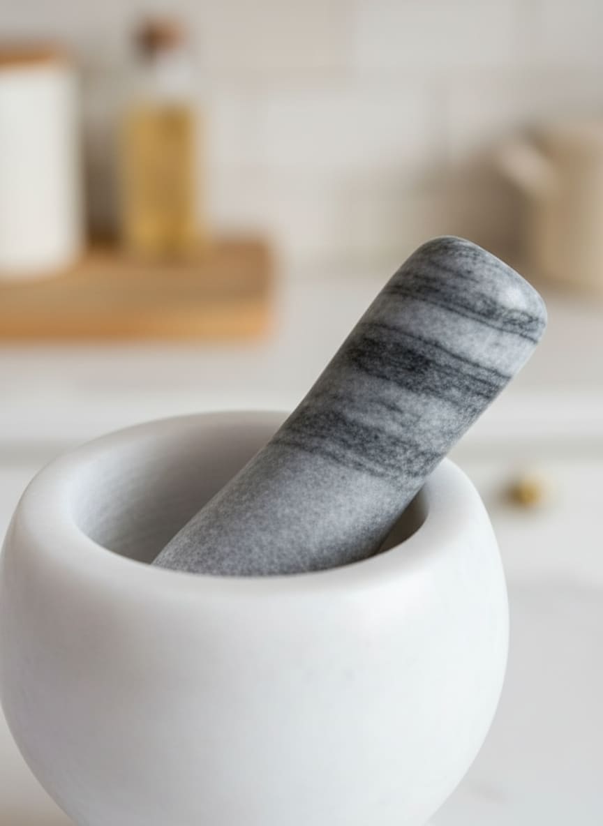 Close-up of the smooth, non-porous surface of the heavy-duty marble mortar, showing its quality craftsmanship.